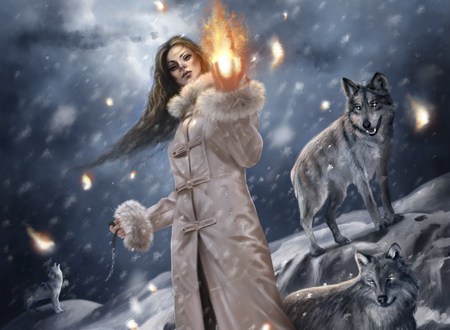 Wolf Mistress - woman, wolves, snow, magic, night