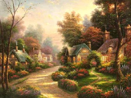 Peaceful Village - houses, trees, chimneys, cottages, bushes, painting, village, art, flowers, grass, lane