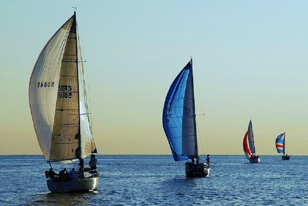 Convoy - blue water, ocean, convoy, sails, clear sky, sailboats