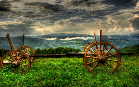 LONG CART - mountains, meadow, long, hdr, grass, sky, sunrays, clouds, fog, mountain, cart