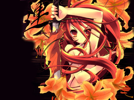 Anime Girl - red eyes, sword, cute, flowers, anime girl, red flowers