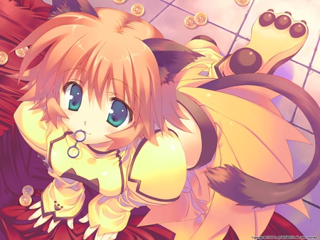 Cute Catgirl - short hair, anime girl, yellow, catgirl, cute, adorable, orange