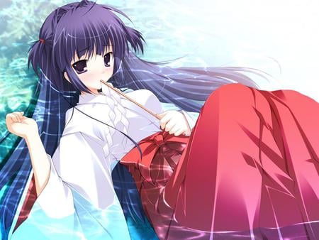 Anime girl - blushing, water, cute, kimono, purple hair, sexy