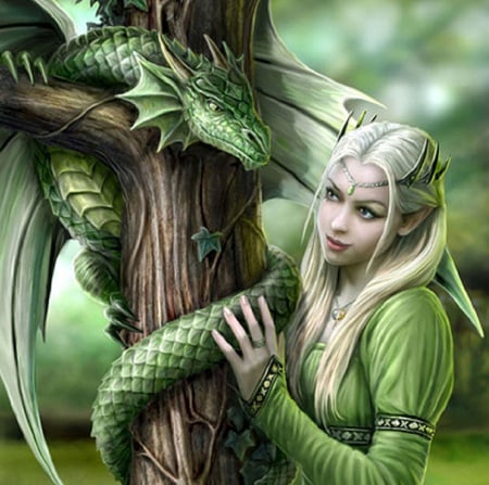 Dragon Princess - woman, women, princess, beauty, fantasy, art, artwork, dragon, green, tree, cute, artistic, elf, girl, dragons, wallpaper, cg, abstract, beautiful, sweet, digital