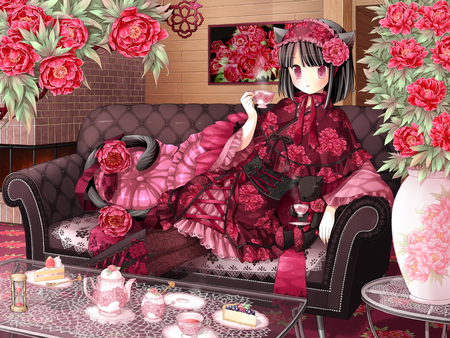 Flowery Tea - sweets, roses, cat girl, anime girl, kimono, adorable, blushing, cake, relaxing, pink, graceful, beautiful, blush, beauty, toy, black, rose, lounge, pretty, anime, cute, short hair, crimson, neko, cat, girl, beautifull, tea, lovely, doll, red, flowers, lolita