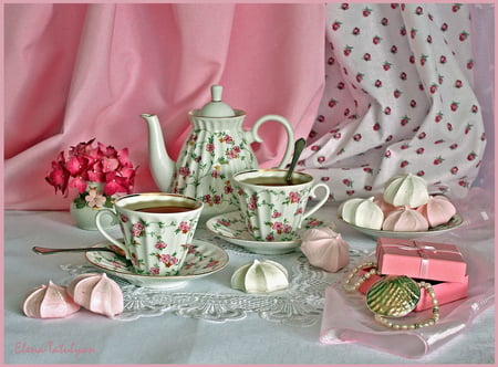 still life - nice, gift, photography, pastry, bouquet, elegant, still life, white, box, cool, lace, service, pearl, harmonious, drink, cups, necklace, tea, gentle, vase, pink, beautiful, flowers, photo, flower