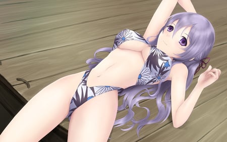 Soaking up the rays - anime girl, bikini, hot, cute, purple hair, sexy