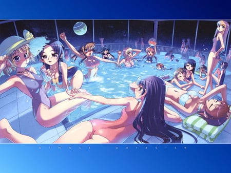 Paradise - anime girl, water, hot, beauty, long hair, short hair, swimming, pool, bikini, cute, beautifull, paradise, sexy