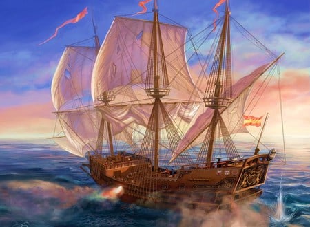 Ship upon the sea - pink and blue sky, sky, ocean, wooden ship, waves, torn sails, ship, sails, clouds