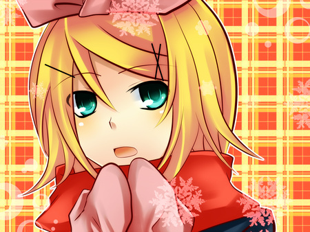 Kagamine Rin - pretty, anime, vocaloid, yellow, rin, kagamine rin, yellow hair, nice, mittins, blue eyes, kagamine, beautiful, beauty, cool, orange, awesome, cute, bow, vocaloids