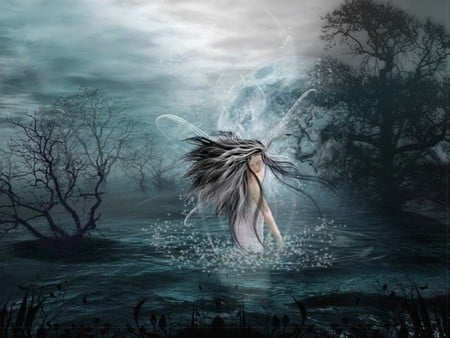 FAIRY MAGIC - clouds, moon, trees, water, magic, fairy, night, sky