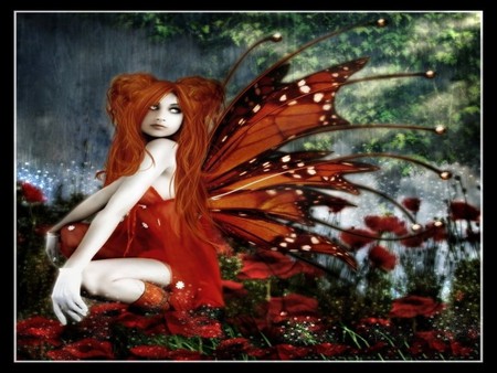 LIL RED FAIRY - flowers, red, fairy, little, forest