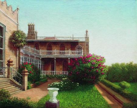 Courtyard - windows, palm tree, iron rails, hedges, bushes, estate, balcony, urn, steps, flowers, grass