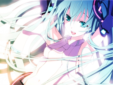 Hatsune Miku Append 01 - lights, miku, hatsune, append, cute, beautiful, vocaloids, girl, white, blue hair, pretty, cool, headphones, beauty, awesome, vocaloid, anime, twintail, blue, blue eyes, idol, headset, 01, hatsune miku, sunshine