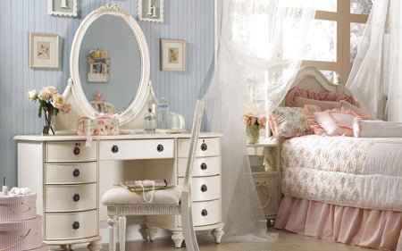 Beautiful Room - princess, bed, roses, inner architecture, gift, design, room, white, window, romance, pillows, wallpaper, chair, romantic, beautiful, mirror, pink, girly, books, sweet, bedroom, woman, pearls, beauty, rose, home, pretty, architecture, interior, house, bottle, photograph, houses, girl, curtains, lovely, vase, colours, wall, flowers, photo