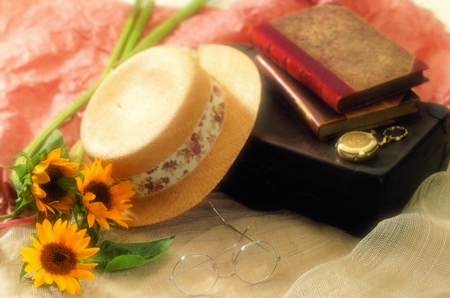 Still Life - hat, pretty, sunflowers, book, beautiful, photography, clock, books, beauty, lovely, still life, flowers, nature, glasses, sunflower, box