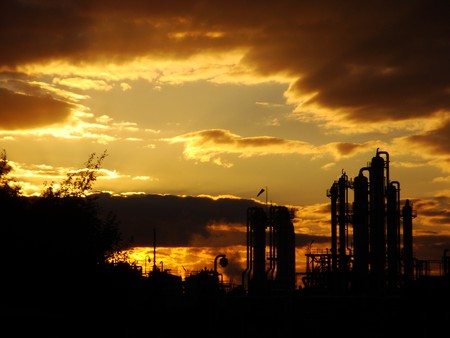 industrial landscape - clouds, abstract, factorys, trees, industry, landscape, sunset, nature, surreal, weather, sun, sky