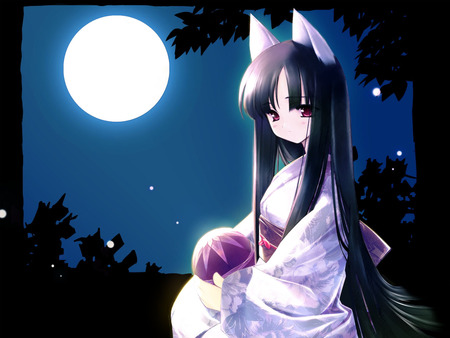 Catgirl wearing Yukata - moon, light, yukata, japanese, anime girl, cute, catgirl