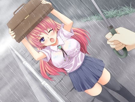 Help is here - anime girl, water, road, wet, street, cute, pink hair, sexy, school girl, raining