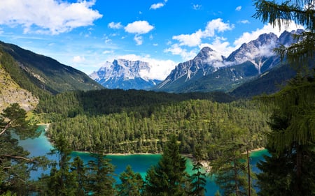 Alpine Beauty - clouds, nature, blue, beautiful, lake, forest, mountains, sky