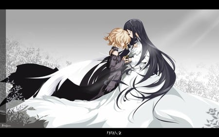 katahane - beauty, anime girls, beautifull, long hair, black, white, dresses, cute, shrt hair