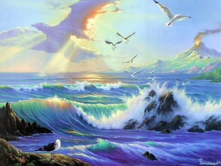 Light from above - clouds, painting, waves, ocean, seagulls, art, sky