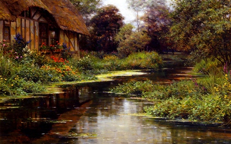 SUMMER AFTERNOON - cottage, river, house, flowers, plants, garden