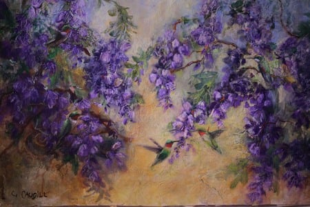 artwork easel - flowers, purple, hummingbird, nature