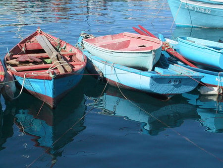 Boats At Bay - boats, water, lake, reflection, docked