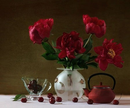 still life - nice, fruits, photography, bouquet, still life, vase, cherries, cool, red, beautiful, peony, flowers, photo, flower, harmony