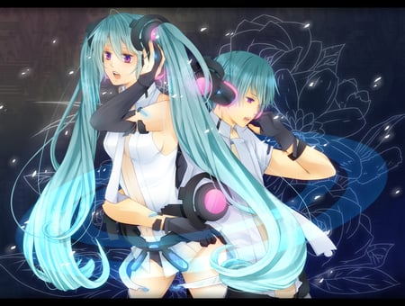 Hatsune Miku & Mikuo - nice, beauty, headset, append, miku append, pretty, cool, anime, miku, cute, hatsune miku, blue eyes, vocaloids, blue hair, hatsune, vocaloid, blue, beautiful, headphones, awesome, mikuo