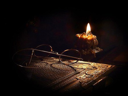 Special notes - candle, book, glasses, light, leather engraved, flame