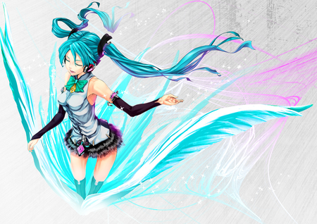 Hatsune Miku - pretty, anime, vocaloid, blue, twintail, hatsune miku, pink, headphones, blue hair, nice, skirt, beautiful, thighhighs, feather, beauty, cool, miku, awesome, wings, cute, hatsune, headset, vocaloids