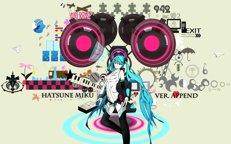 Hatsune Miku Append 01 - pretty, anime, vocaloid, blue, twintail, hatsune miku, pink, headphones, blue hair, nice, blue eyes, miku append, beautiful, thighhighs, bass, beauty, cool, black, colorful, miku, awesome, cute, hatsune, headset, vocaloids