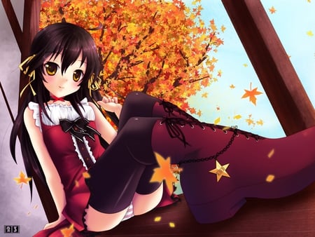 Cute Anime girl - stars, trees, ribbons, long hair, anime girl, 23, red, orange, cute