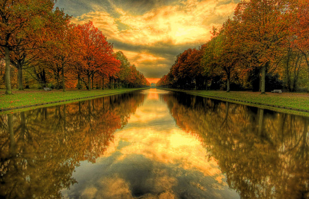 Reflections of a sunset - river, trees, sunset, autumn