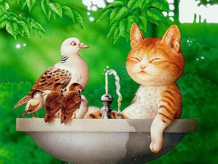 Joining the Party - birds, water, fountain, tree, cat, leaves