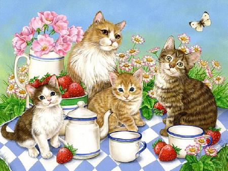 Family Togetherness - pitcher, cups, strawberries, grass, flowers, kittens, bowl, butterfly, cats, picnic blanket