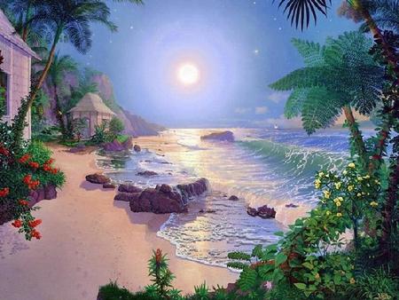 Tranquility Beach - beauty, beach, palm trees, sun, peaceful, water, hut houses, floral bushels, rocks, waves, sand