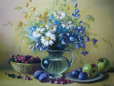 Gentleness & Delicate - painting, pitcher, glass, fruits, flowers, basket, plate