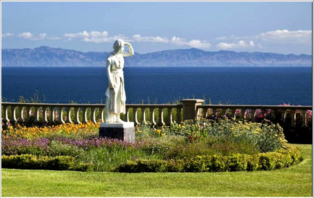 Looking Out To Sea - ocean, statue, romano wall, blue, garden