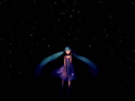 Hatsune Miku - miku, hatsune, black, cute, beautiful, vocaloids, stars, night sky, 3d, blue hair, purple, pretty, cool, beauty, awesome, vocaloid, anime, twintail, dress, blue, sky, purple dress, nice, realistic, hatsune miku