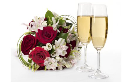 Wine and roses - wedding, brindis, bouquet, wine, rose