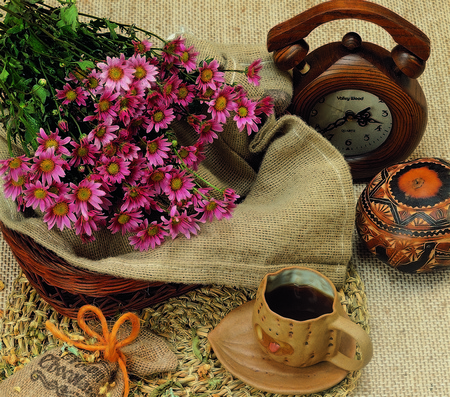 Still Life - beauty, morning, coffee, photography, basket, cup of coffee, lovely, still life, cup, nature, pretty, beautiful, clock, colors, flowers