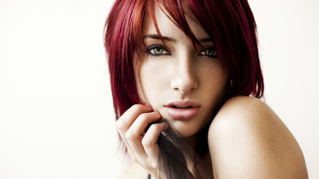 Should I ? - face, redhead, girl, eyes, hand, fantasy