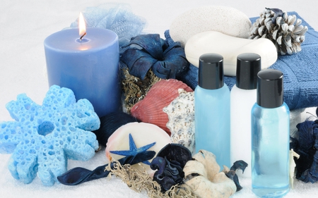 spa time - relaxing, spa, beautiful, calming, feng shui, beauty, salt, sponge, shells, design, candles, oils, towels