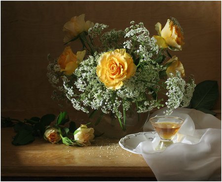 still life - roses, yellow, photo, flowers, wine, mug, nice, vase, water, beautiful, photography, cool, still life, flower, bouquet, jug, drink, harmony, white, nature, rose, glass