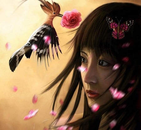 Flower Girl - butterfly, girl, petals, graceful, rose, wind, flower