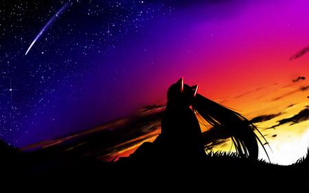 Sunset on the Horizon - star, horizon, anime, fantastic, vocaloid, blue, twintail, meadow, hatsune miku, purple, red, nice, sky, clouds, hill, beautiful, beauty, cool, orange, colorful, white, sunset, miku, awesome, shooting star, hatsune, vocaloids