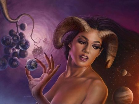 Horns - space, aries, zodiac, girl, bera, creature, fantasy, light, woman, purple, pink, blue, art, sky, planet, female, horns, grapes